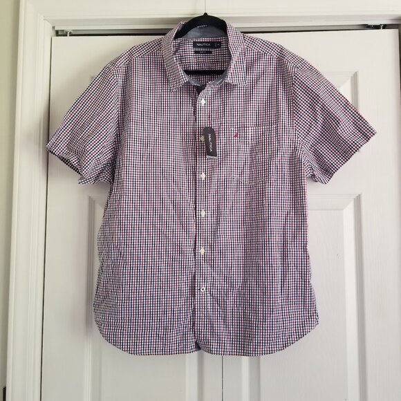 Nautica Men's Shirt XX-Large Red White Blue Slim Fit Button Up Plaid Logo Cotton - Picture 1 of 3